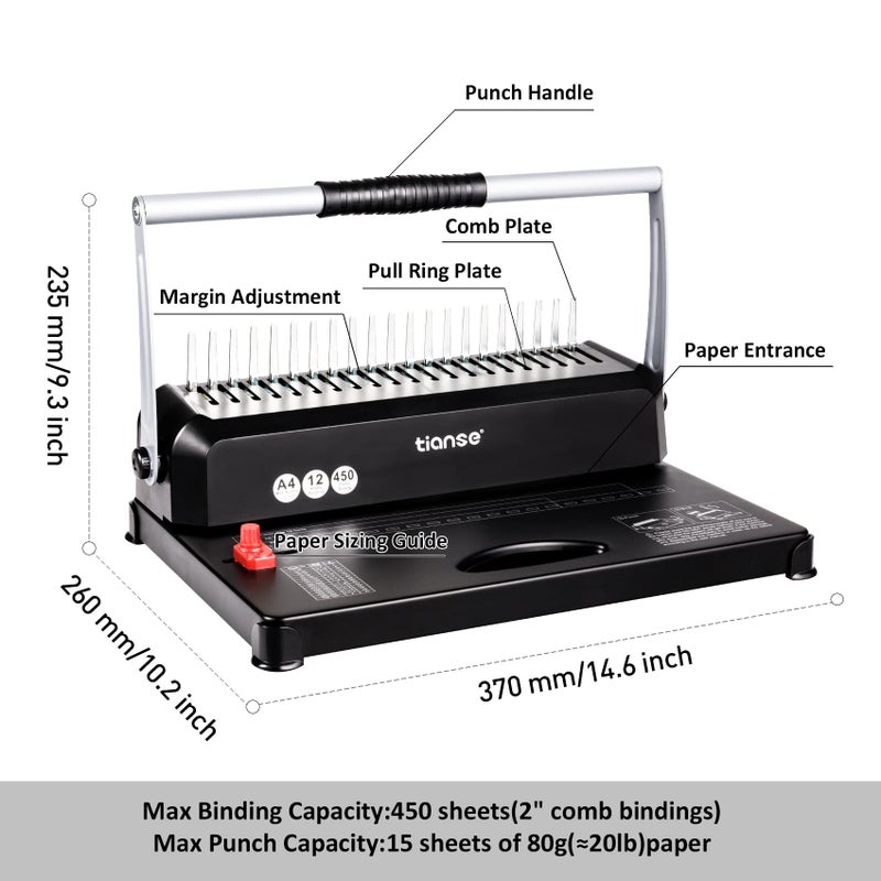 TIANSE Binding Machines, 21-Holes, 450 Sheets, Comb Bind Machine Book Maker with 100 PCS 3/8'' Comb Binder Spines Starter Kit, Comb Binding Machine for Letter Size, A4, A5 or Smaller Sizes - Image 4